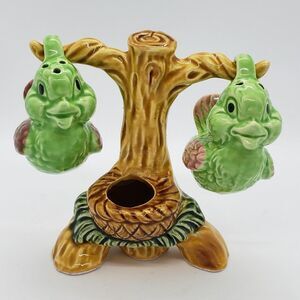 Anthropomorphic Vntg Ceramic Birds Tree Branch S&P Shaker Toothpick Holder AS IS